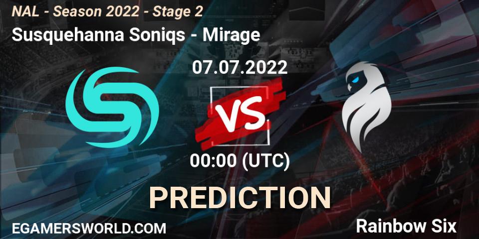 Susquehanna Soniqs vs Mirage: Betting TIp, Match Prediction. 07.07.2022 at 00:00. Rainbow Six, NAL - Season 2022 - Stage 2