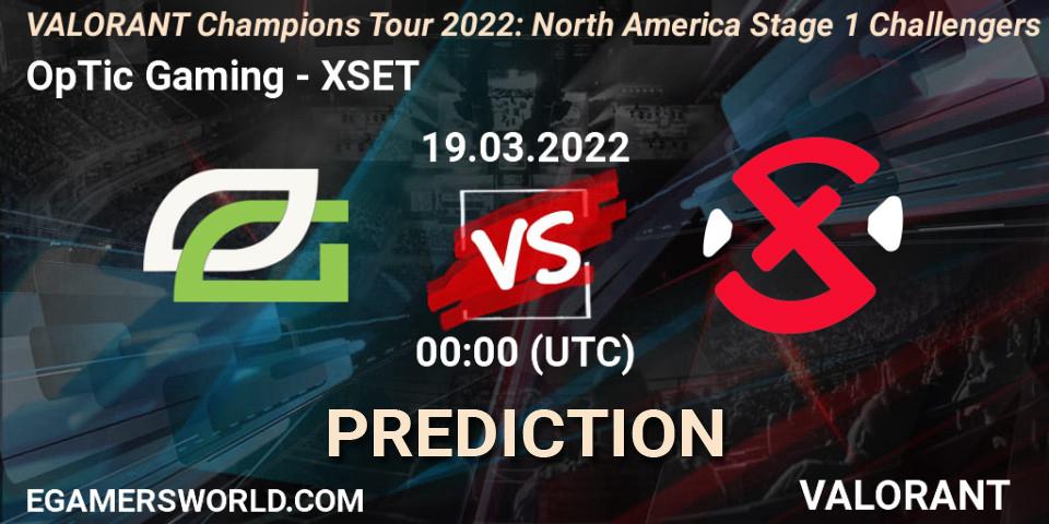 OpTic Gaming vs XSET: Betting TIp, Match Prediction. 17.03.2022 at 23:45. VALORANT, VCT 2022: North America Stage 1 Challengers