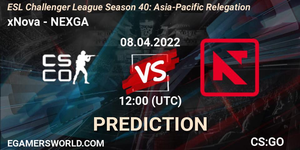 xNova vs NEXGA: Betting TIp, Match Prediction. 08.04.2022 at 12:00. Counter-Strike (CS2), ESL Challenger League Season 40: Asia-Pacific Relegation