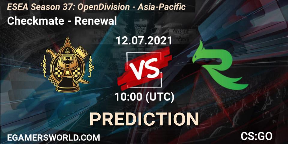 Checkmate vs Renewal: Betting TIp, Match Prediction. 12.07.2021 at 10:00. Counter-Strike (CS2), ESEA Season 37: Open Division - Asia-Pacific