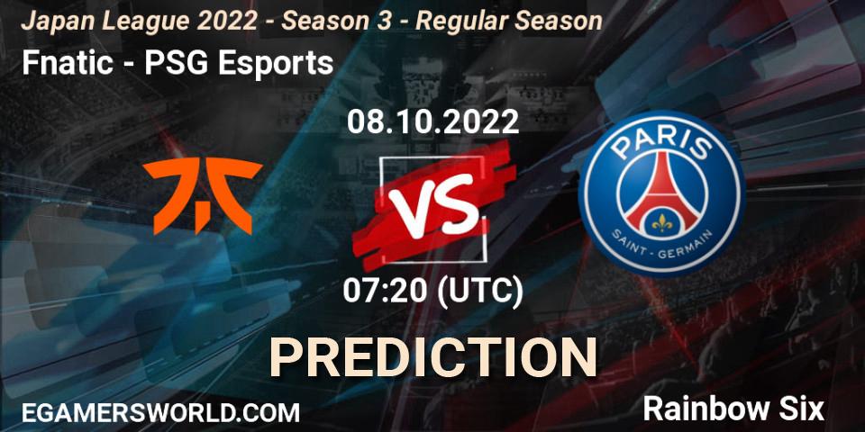 Fnatic vs PSG Esports: Betting TIp, Match Prediction. 08.10.2022 at 07:20. Rainbow Six, Japan League 2022 - Season 3 - Regular Season