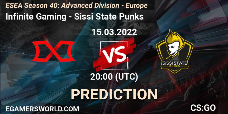 Infinite Gaming vs Sissi State Punks: Betting TIp, Match Prediction. 15.03.2022 at 20:00. Counter-Strike (CS2), ESEA Season 40: Advanced Division - Europe