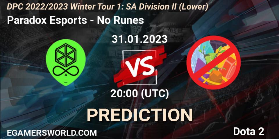 Paradox Esports vs No Runes: Betting TIp, Match Prediction. 31.01.23. Dota 2, DPC 2022/2023 Winter Tour 1: SA Division II (Lower)