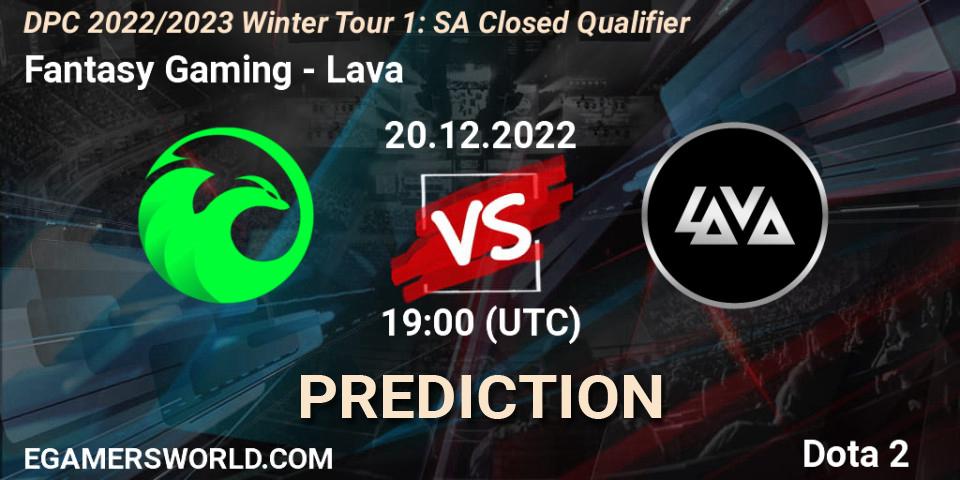 Fantasy Gaming vs Lava: Betting TIp, Match Prediction. 20.12.2022 at 19:33. Dota 2, DPC 2022/2023 Winter Tour 1: SA Closed Qualifier