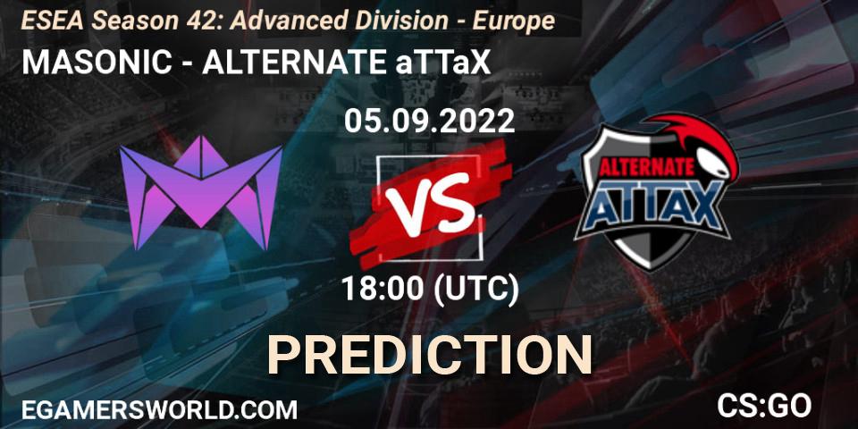 MASONIC vs ALTERNATE aTTaX: Betting TIp, Match Prediction. 05.09.2022 at 18:00. Counter-Strike (CS2), ESEA Season 42: Advanced Division - Europe
