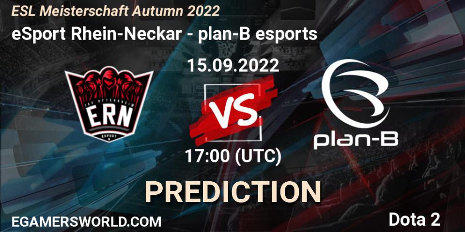 eSport Rhein-Neckar vs plan-B esports: Betting TIp, Match Prediction. 15.09.2022 at 17:00. Dota 2, ESL Meisterschaft Autumn 2022