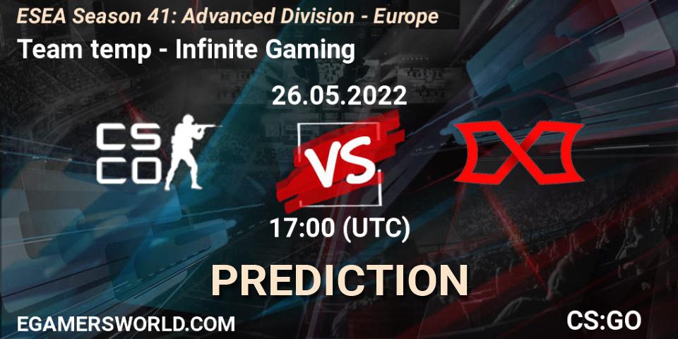 Team temp vs Infinite Gaming: Betting TIp, Match Prediction. 07.06.2022 at 16:00. Counter-Strike (CS2), ESEA Season 41: Advanced Division - Europe