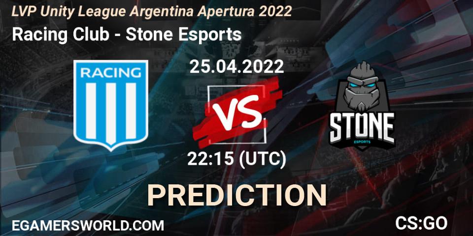 Racing Club vs Stone Esports: Betting TIp, Match Prediction. 25.04.2022 at 22:15. Counter-Strike (CS2), LVP Unity League Argentina Apertura 2022
