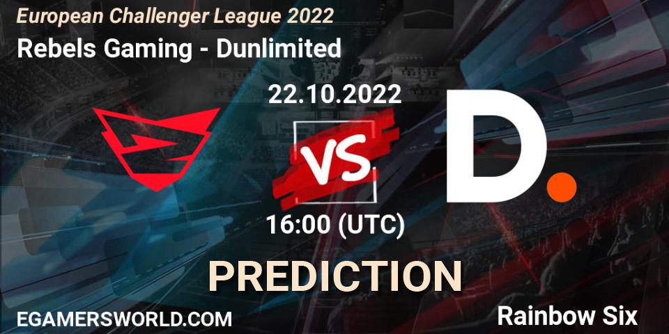 Rebels Gaming vs Dunlimited: Betting TIp, Match Prediction. 22.10.2022 at 16:00. Rainbow Six, European Challenger League 2022