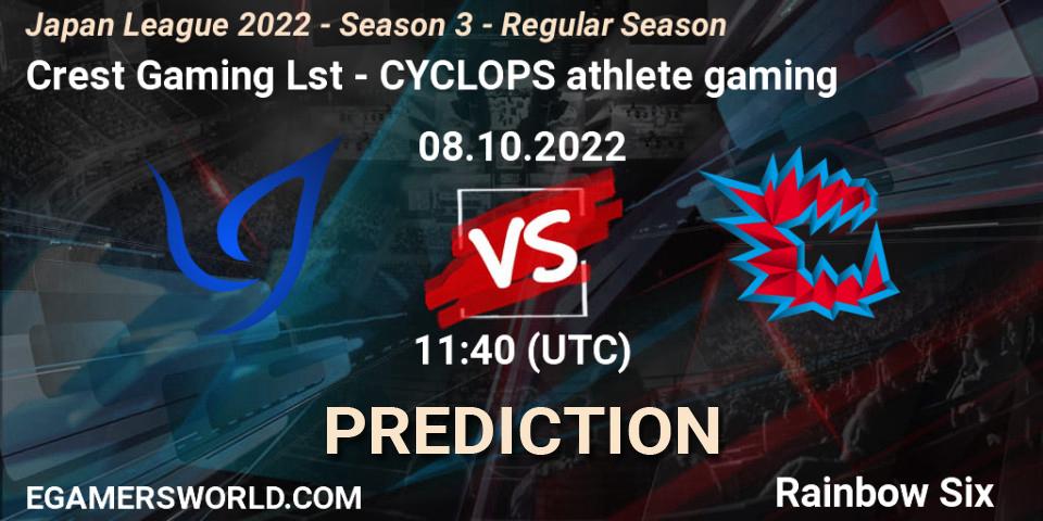 Crest Gaming Lst vs CYCLOPS athlete gaming: Betting TIp, Match Prediction. 08.10.2022 at 11:40. Rainbow Six, Japan League 2022 - Season 3 - Regular Season