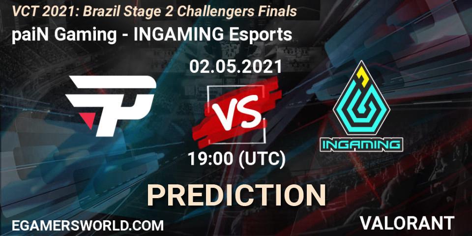paiN Gaming vs INGAMING Esports: Betting TIp, Match Prediction. 02.05.2021 at 19:00. VALORANT, VCT 2021: Brazil Stage 2 Challengers Finals