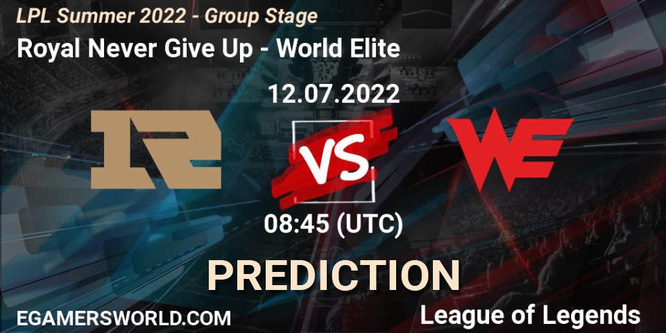 Royal Never Give Up vs World Elite: Betting TIp, Match Prediction. 12.07.22. LoL, LPL Summer 2022 - Group Stage