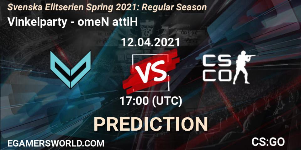 Vinkelparty vs omeN attiH: Betting TIp, Match Prediction. 12.04.2021 at 17:00. Counter-Strike (CS2), Svenska Elitserien Spring 2021: Regular Season