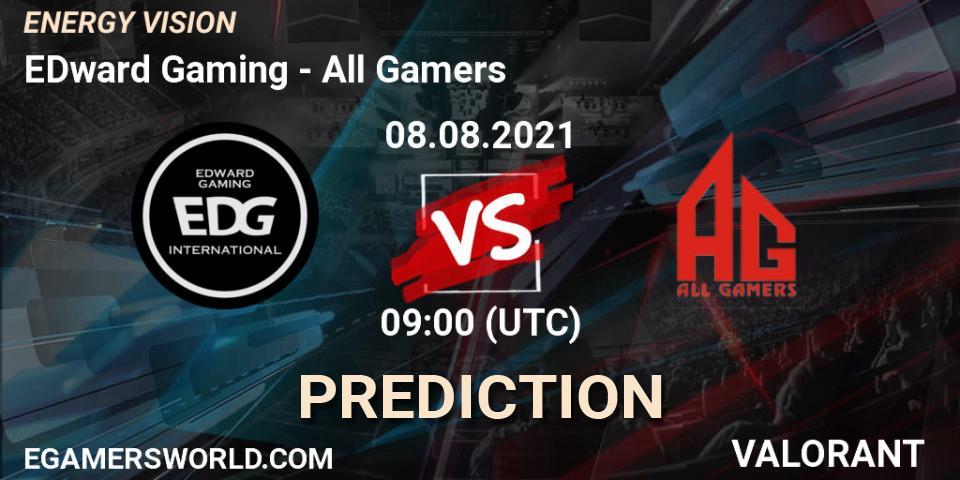 EDward Gaming vs All Gamers: Betting TIp, Match Prediction. 08.08.2021 at 09:00. VALORANT, ENERGY VISION