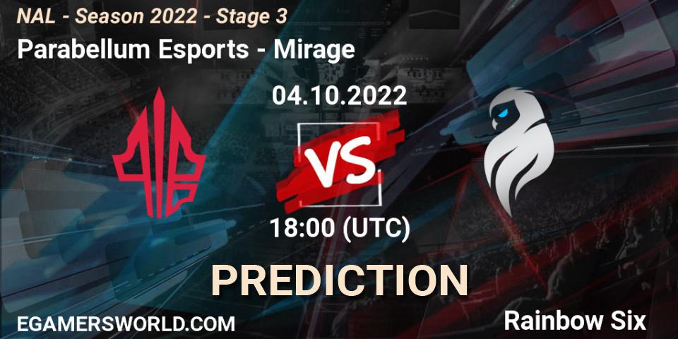 Parabellum Esports vs Mirage: Betting TIp, Match Prediction. 04.10.2022 at 18:00. Rainbow Six, NAL - Season 2022 - Stage 3