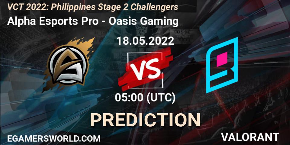 Alpha Esports Pro vs Oasis Gaming: Betting TIp, Match Prediction. 18.05.2022 at 05:00. VALORANT, VCT 2022: Philippines Stage 2 Challengers