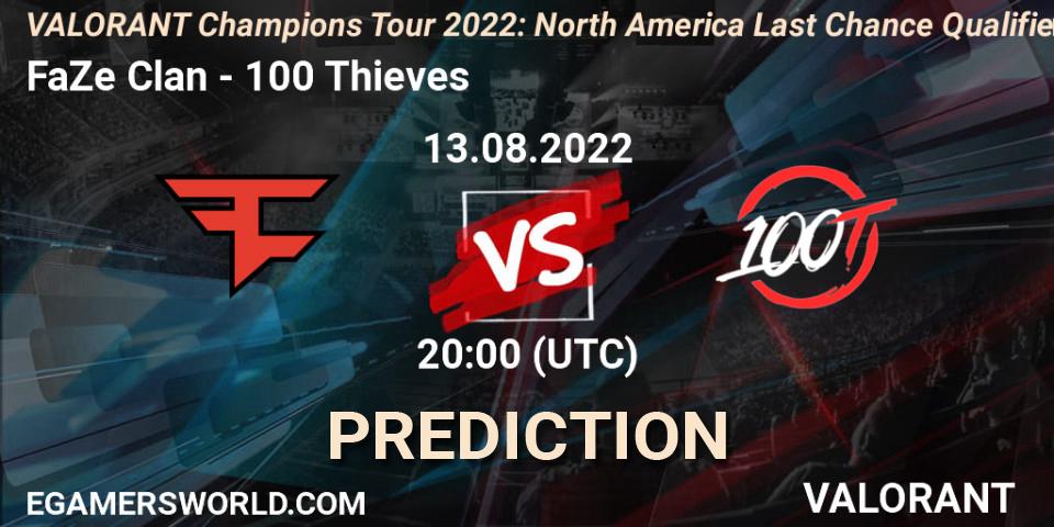 FaZe Clan vs 100 Thieves: Betting TIp, Match Prediction. 13.08.2022 at 20:10. VALORANT, VCT 2022: North America Last Chance Qualifier