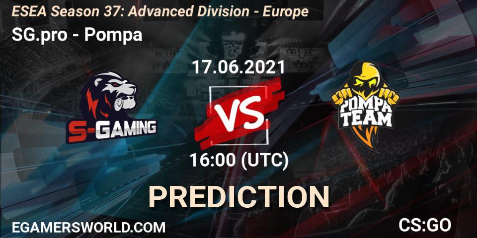 SG.pro vs Pompa: Betting TIp, Match Prediction. 17.06.2021 at 16:00. Counter-Strike (CS2), ESEA Season 37: Advanced Division - Europe
