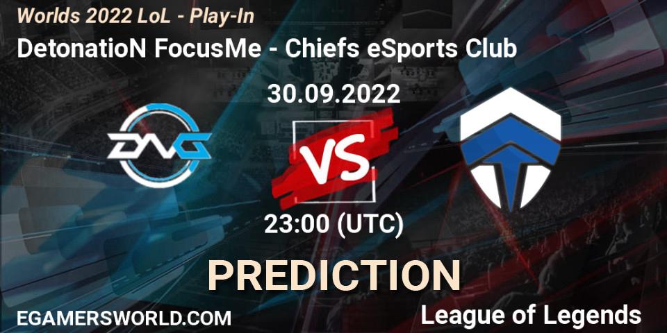 DetonatioN FocusMe vs Chiefs eSports Club: Betting TIp, Match Prediction. 30.09.2022 at 23:30. LoL, Worlds 2022 LoL - Play-In