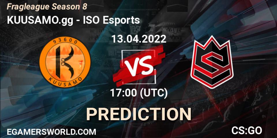 KUUSAMO.gg vs ISO Esports: Betting TIp, Match Prediction. 13.04.2022 at 17:00. Counter-Strike (CS2), Fragleague Season 8