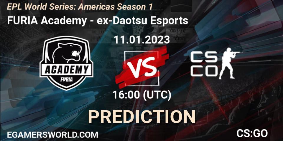 FURIA Academy vs ex-Daotsu Esports: Betting TIp, Match Prediction. 12.01.2023 at 16:00. Counter-Strike (CS2), EPL World Series: Americas Season 1