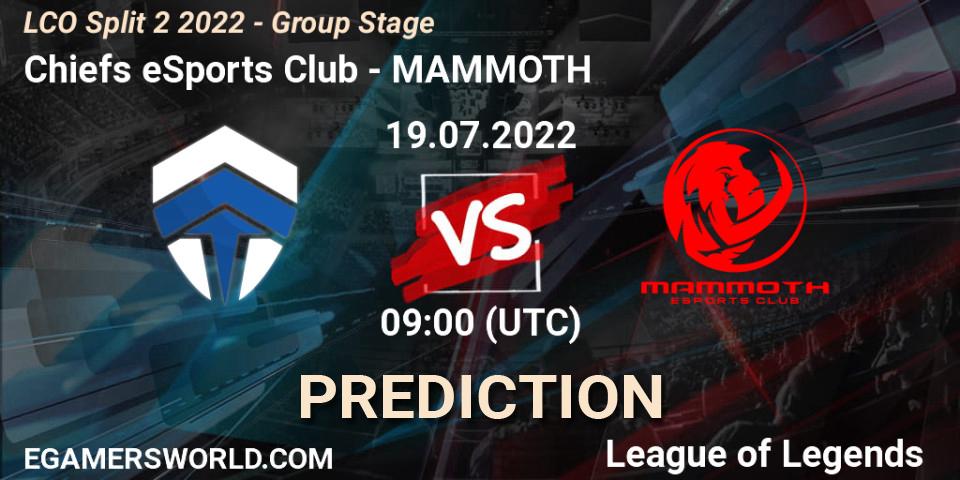 Chiefs eSports Club vs MAMMOTH: Betting TIp, Match Prediction. 19.07.2022 at 09:00. LoL, LCO Split 2 2022 - Group Stage