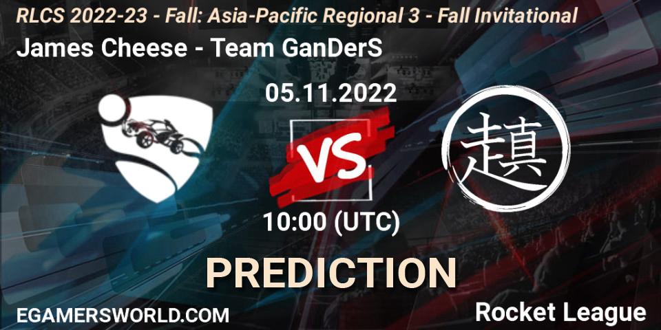James Cheese vs Team GanDerS: Betting TIp, Match Prediction. 05.11.2022 at 10:00. Rocket League, RLCS 2022-23 - Fall: Asia-Pacific Regional 3 - Fall Invitational