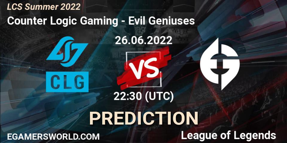 Counter Logic Gaming vs Evil Geniuses: Betting TIp, Match Prediction. 26.06.22. LoL, LCS Summer 2022