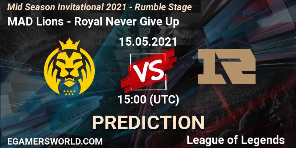 MAD Lions vs Royal Never Give Up: Betting TIp, Match Prediction. 15.05.2021 at 15:00. LoL, Mid Season Invitational 2021 - Rumble Stage
