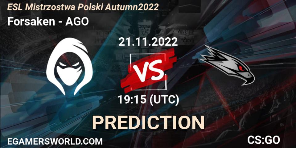 Forsaken vs AGO: Betting TIp, Match Prediction. 21.11.2022 at 19:15. Counter-Strike (CS2), ESL Mistrzostwa Polski Autumn 2022