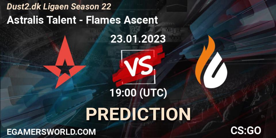 Astralis Talent vs Flames Ascent: Betting TIp, Match Prediction. 23.01.2023 at 19:00. Counter-Strike (CS2), Dust2.dk Ligaen Season 22