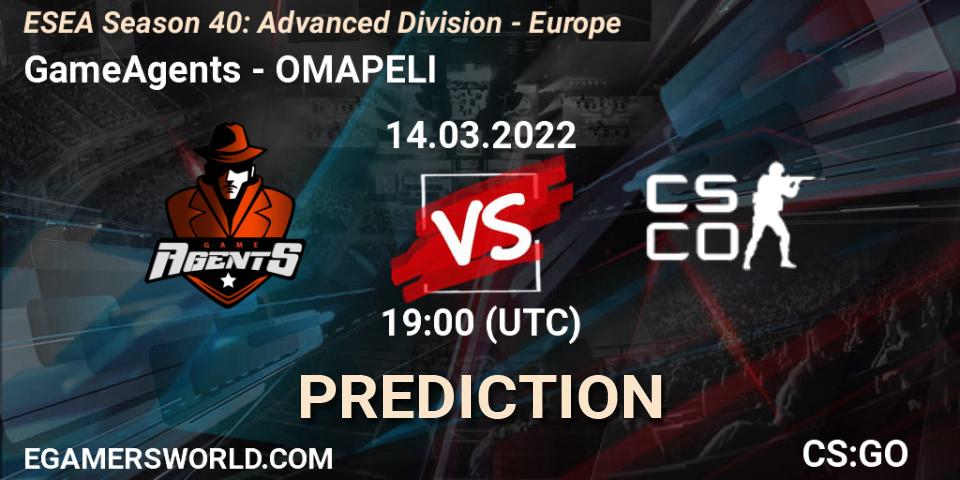 GameAgents vs OMAPELI: Betting TIp, Match Prediction. 14.03.2022 at 19:00. Counter-Strike (CS2), ESEA Season 40: Advanced Division - Europe