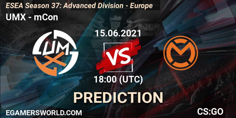 UMX vs mCon: Betting TIp, Match Prediction. 15.06.2021 at 18:00. Counter-Strike (CS2), ESEA Season 37: Advanced Division - Europe