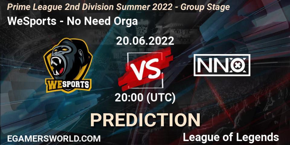 WeSports vs No Need Orga: Betting TIp, Match Prediction. 20.06.2022 at 20:00. LoL, Prime League 2nd Division Summer 2022 - Group Stage