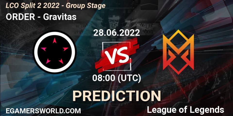 ORDER vs Gravitas: Betting TIp, Match Prediction. 28.06.22. LoL, LCO Split 2 2022 - Group Stage