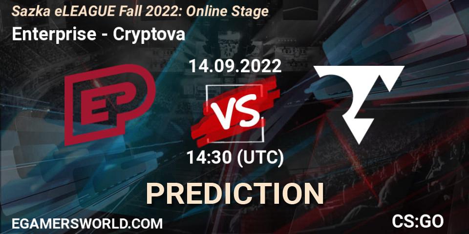 Enterprise vs Cryptova: Betting TIp, Match Prediction. 14.09.2022 at 14:30. Counter-Strike (CS2), Sazka eLEAGUE Fall 2022: Online Stage