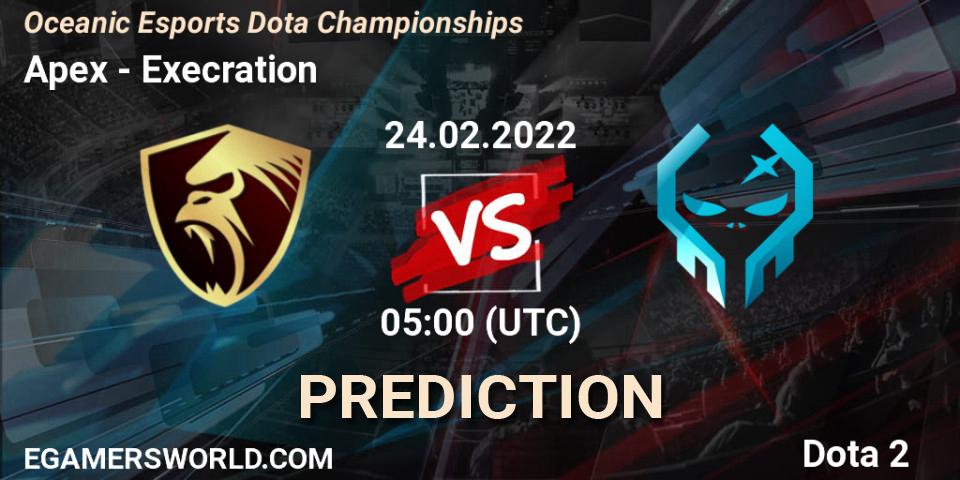Apex vs Execration: Betting TIp, Match Prediction. 24.02.2022 at 05:12. Dota 2, Oceanic Esports Dota Championships