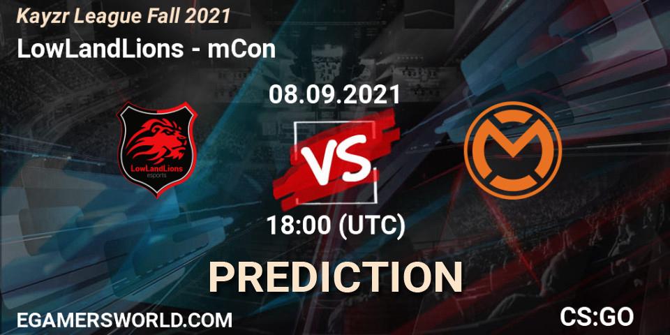 LowLandLions vs mCon: Betting TIp, Match Prediction. 08.09.2021 at 18:00. Counter-Strike (CS2), Kayzr League Fall 2021