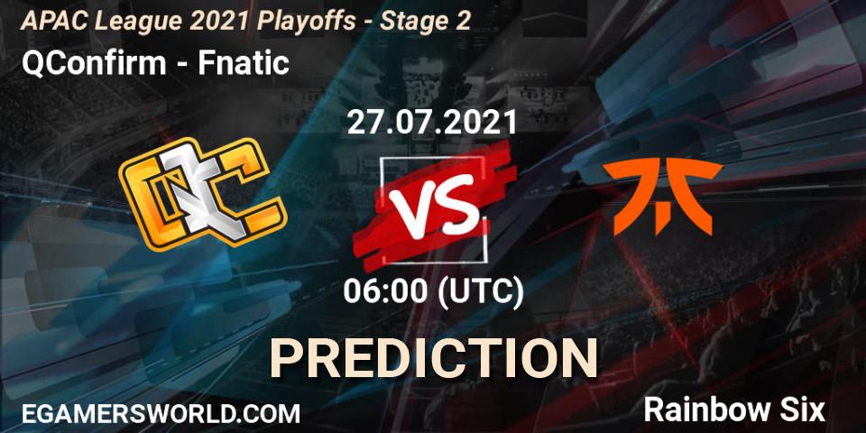 QConfirm vs Fnatic: Betting TIp, Match Prediction. 27.07.2021 at 06:00. Rainbow Six, APAC League 2021 Playoffs - Stage 2