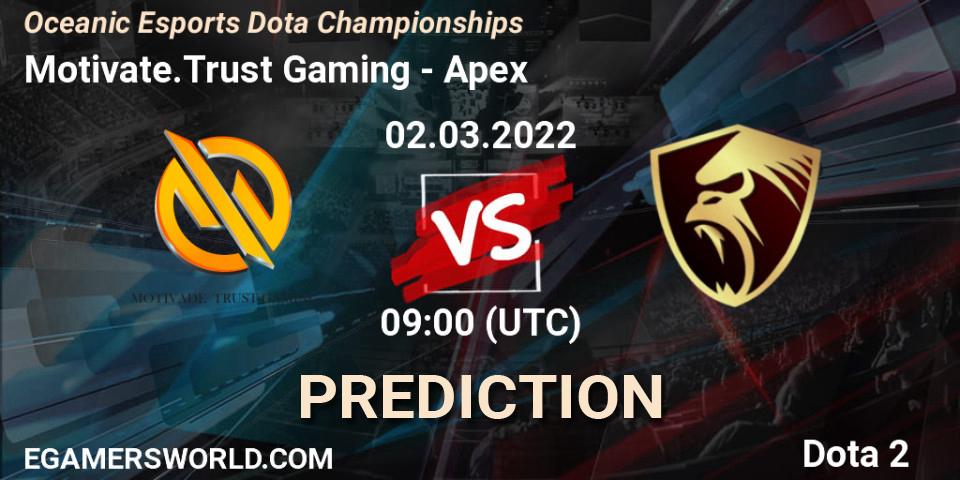 Motivate.Trust Gaming vs Apex: Betting TIp, Match Prediction. 01.03.2022 at 08:18. Dota 2, Oceanic Esports Dota Championships