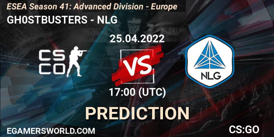 GH0STBUSTERS vs NLG: Betting TIp, Match Prediction. 25.04.2022 at 17:00. Counter-Strike (CS2), ESEA Season 41: Advanced Division - Europe