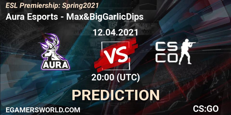 Aura Esports vs Max&BigGarlicDips: Betting TIp, Match Prediction. 12.04.2021 at 19:00. Counter-Strike (CS2), ESL Premiership: Spring 2021