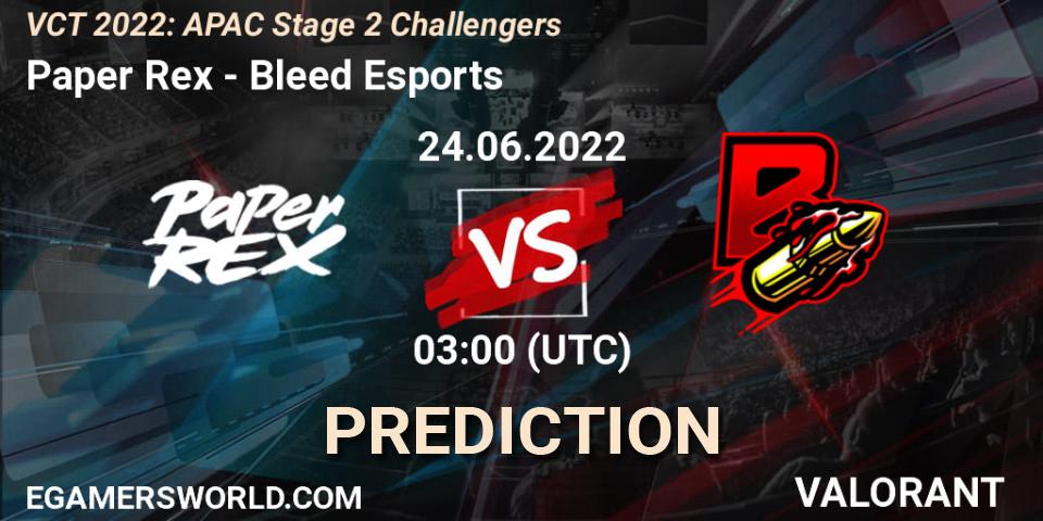 Paper Rex vs Bleed Esports: Betting TIp, Match Prediction. 24.06.2022 at 03:00. VALORANT, VCT 2022: APAC Stage 2 Challengers
