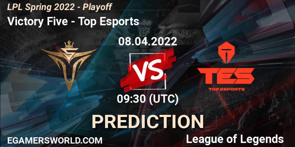 Victory Five vs Top Esports: Betting TIp, Match Prediction. 12.04.2022 at 09:00. LoL, LPL Spring 2022 - Playoff