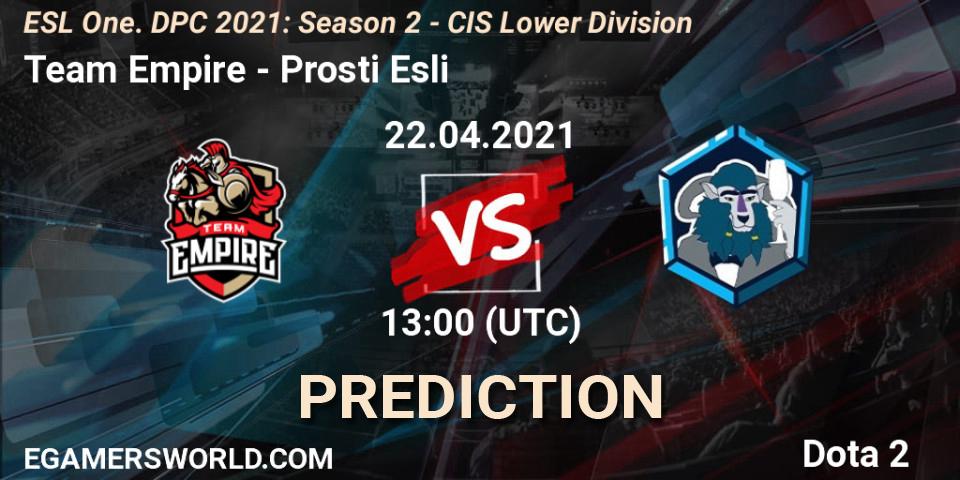 Team Empire vs Prosti Esli: Betting TIp, Match Prediction. 22.04.2021 at 12:55. Dota 2, ESL One. DPC 2021: Season 2 - CIS Lower Division