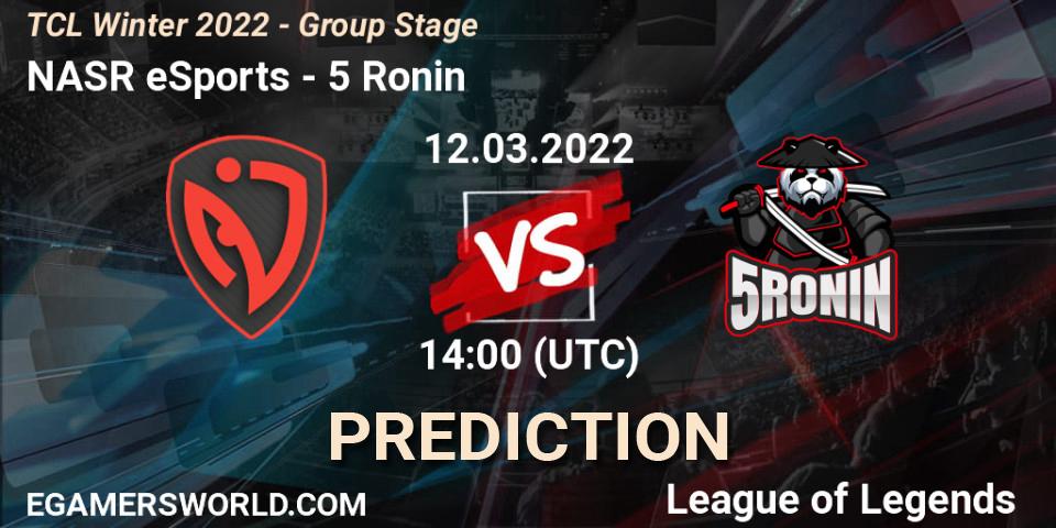 NASR eSports vs 5 Ronin: Betting TIp, Match Prediction. 12.03.2022 at 14:00. LoL, TCL Winter 2022 - Group Stage