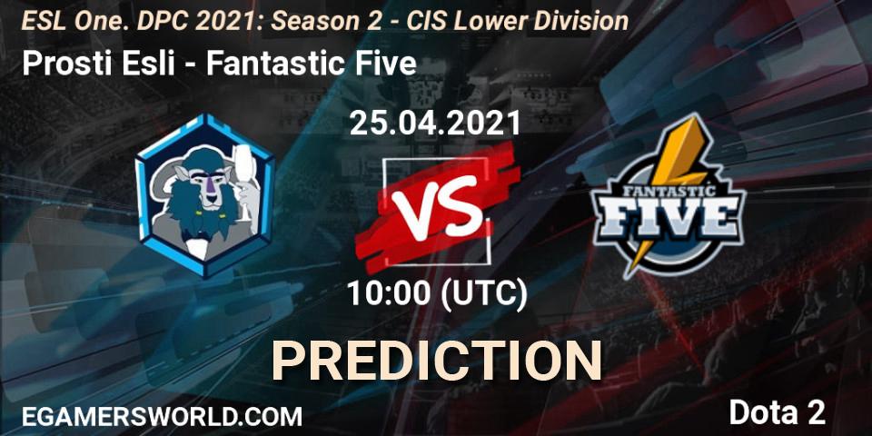 Prosti Esli vs Fantastic Five: Betting TIp, Match Prediction. 25.04.2021 at 09:55. Dota 2, ESL One. DPC 2021: Season 2 - CIS Lower Division