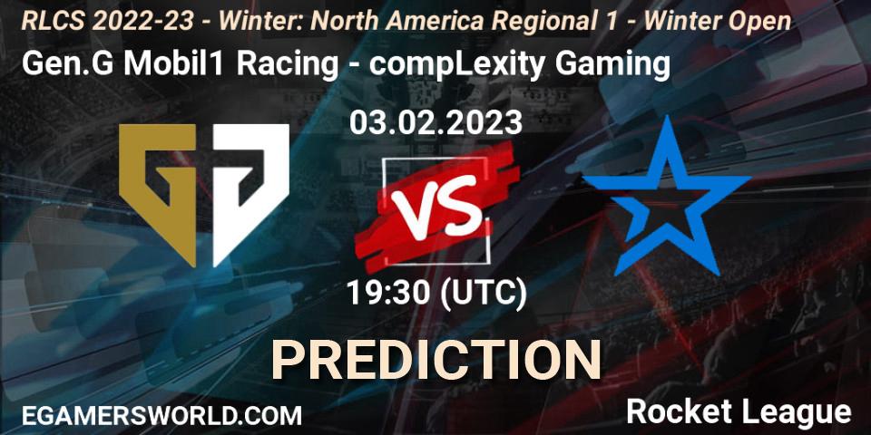 Gen.G Mobil1 Racing vs compLexity Gaming: Betting TIp, Match Prediction. 03.02.2023 at 19:30. Rocket League, RLCS 2022-23 - Winter: North America Regional 1 - Winter Open