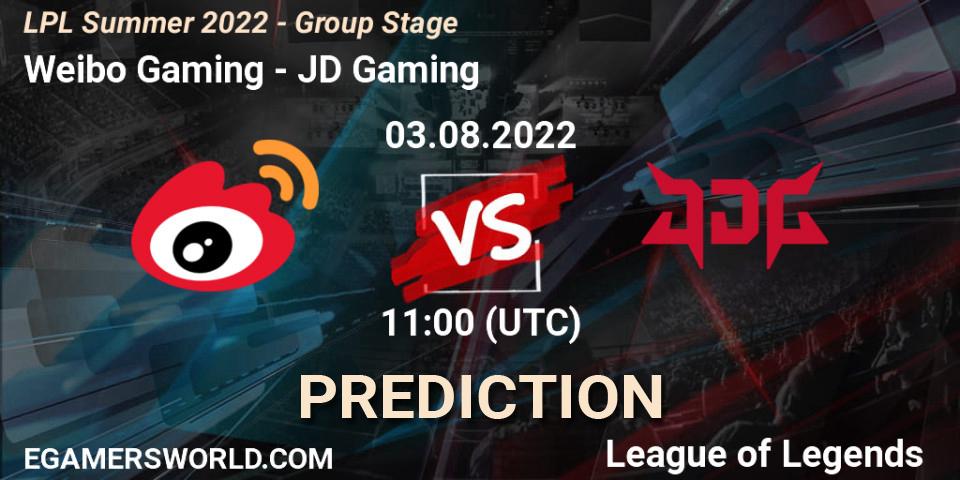 Weibo Gaming vs JD Gaming: Betting TIp, Match Prediction. 03.08.2022 at 12:00. LoL, LPL Summer 2022 - Group Stage