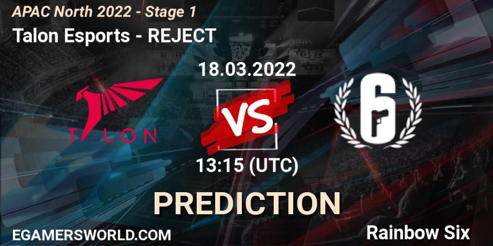 Talon Esports vs REJECT: Betting TIp, Match Prediction. 18.03.2022 at 13:15. Rainbow Six, APAC North 2022 - Stage 1